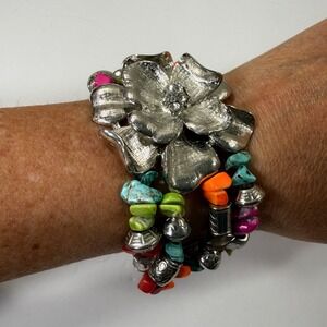 Multi Strand Bracelet Beaded Stacking Silver Tone Flower Charm Rhinestone Accent